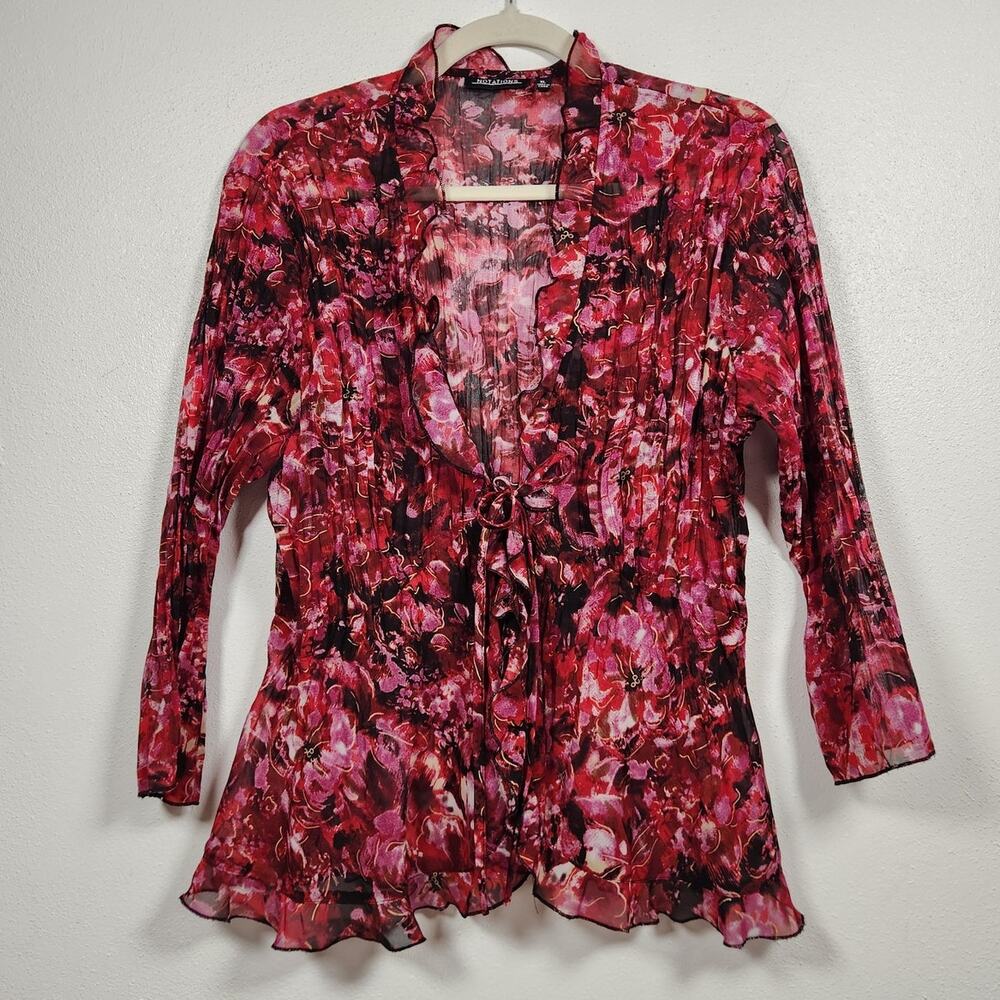 Vintage y2k Notations XL 3/4 Sleeve Boho Sheer Top Tie Shirt Floral Flowers Red